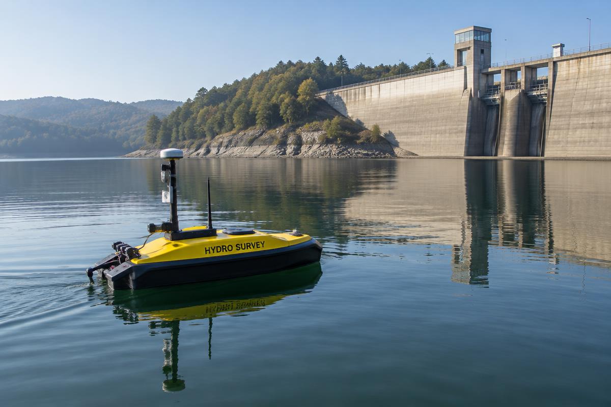 Embarcação não tripulada de levantamento batimétrico em reservatório próximo a uma barragem