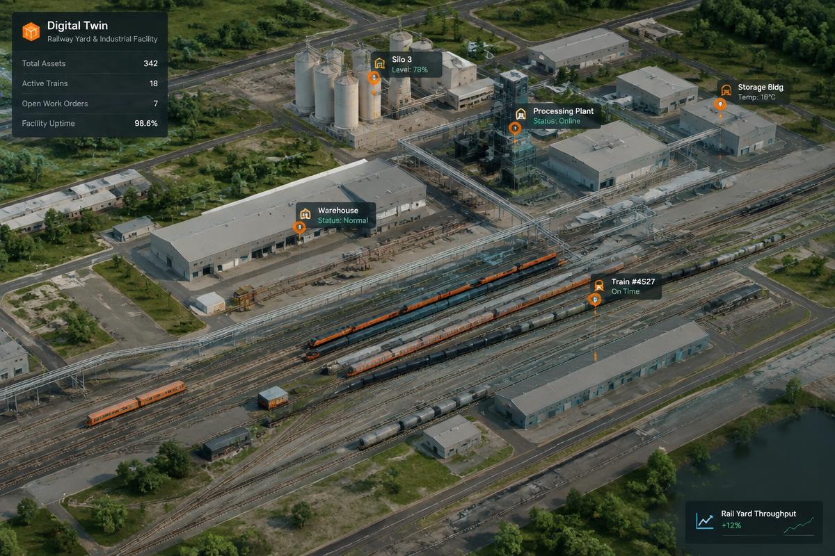 Visualização de gêmeo digital de pátio ferroviário e instalação industrial