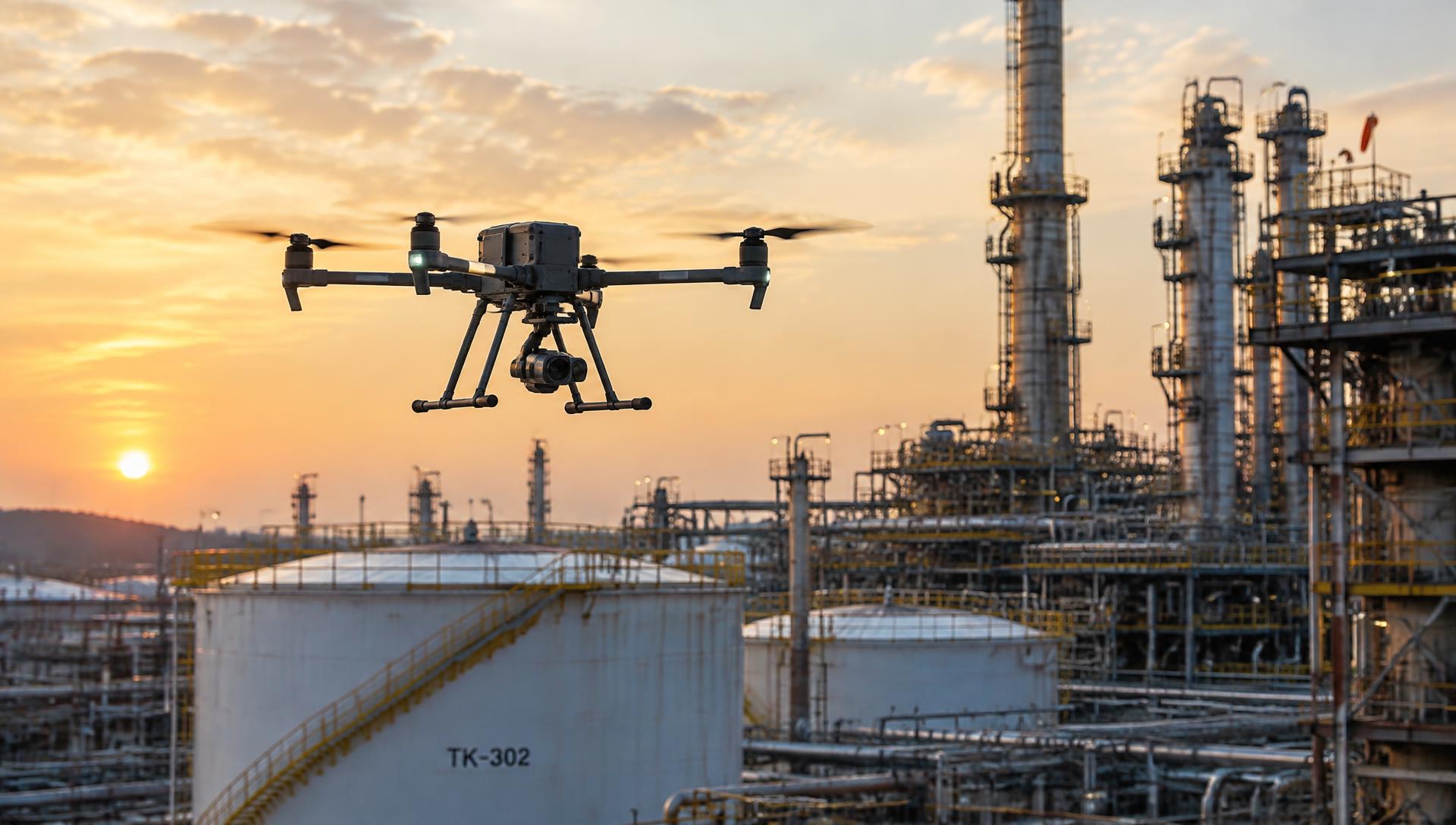 Drone de inspeção operando sobre uma planta industrial
