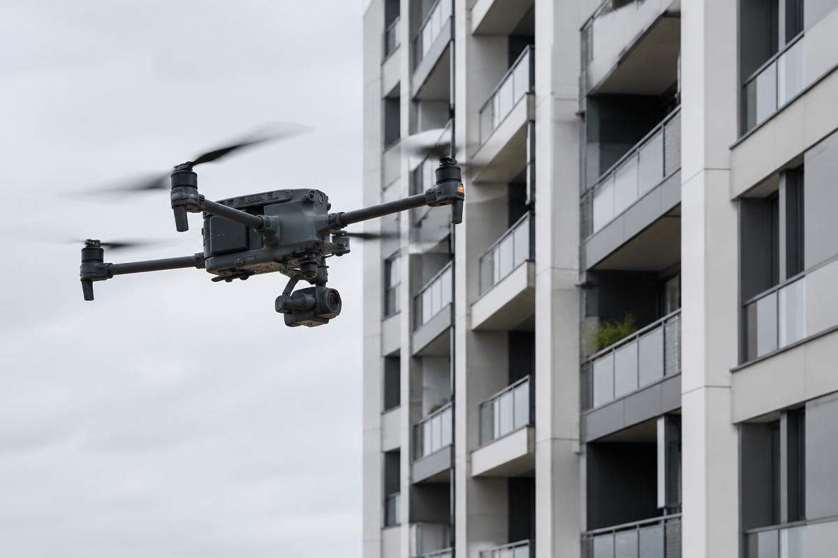 Drone profissional inspecionando a fachada de um edifício residencial